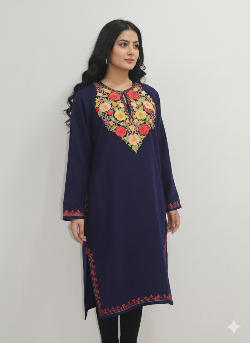 Kashmiri Pheran, Women Tunics, Indian Kurtis, Woolen Embroidered Pheran, Fine Merino Wool 42 Count (Raffal) Pheran