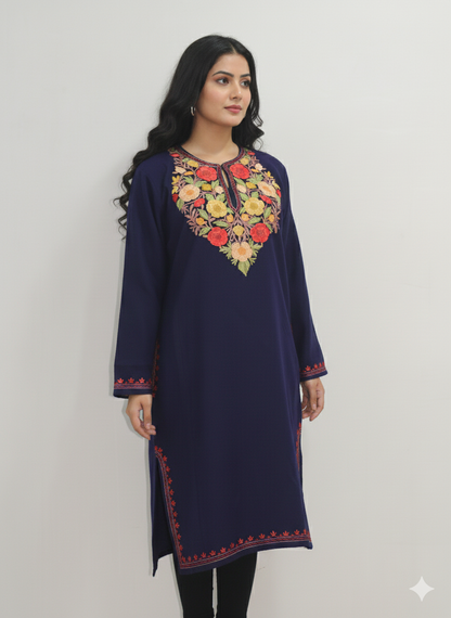 Kashmiri Pheran, Women Tunics, Indian Kurtis, Woolen Embroidered Pheran, Fine Merino Wool 42 Count (Raffal) Pheran