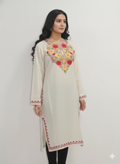 Kashmiri Pheran, Women Tunics, Indian Kurtis, Woolen Embroidered Pheran, Fine Merino Wool 42 Count (Raffal) Pheran