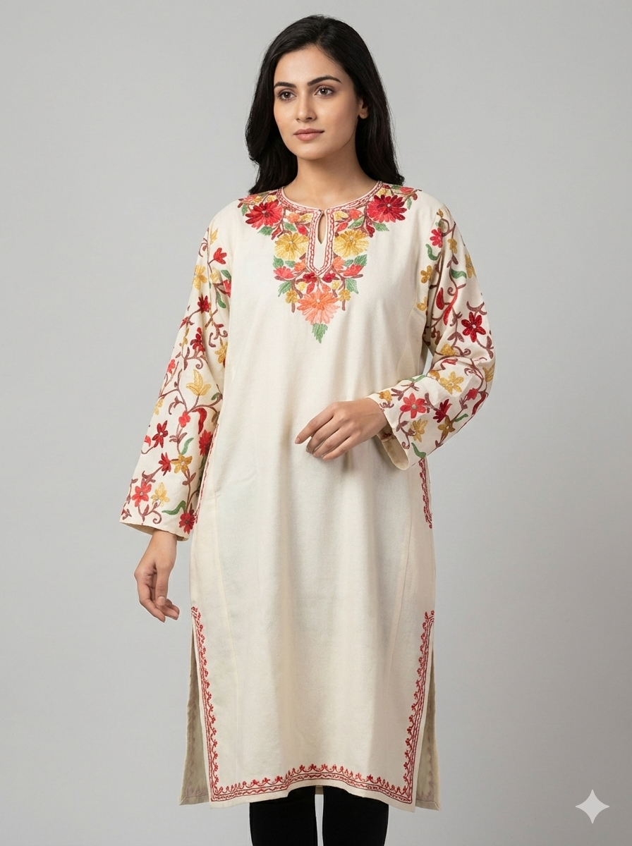 Kashmiri Pheran, Floral Embroidered Woolen Pheran, Women Tunics, Indian Kurtis, Fine Merino Wool 42 Count (Raffal) Poshkar Naaldhar/jaaldhar Pheran