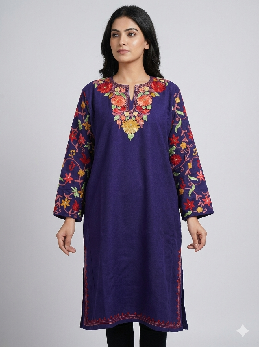 Kashmiri Pheran, Floral Embroidered Woolen Pheran, Women Tunics, Indian Kurtis, Fine Merino Wool 42 Count (Raffal) Poshkar Naaldhar/jaaldhar Pheran