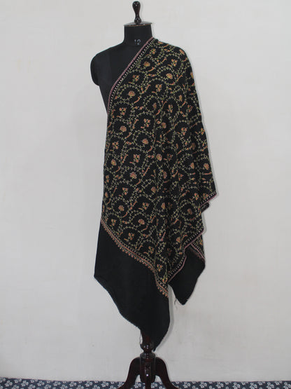 Woolen sozni Embroidered Kashmiri Stole, Handmade Stole, Fine Merino Wool Stole, Premium Scarf, Embroidered Wraps, Black Scarf - BATIN