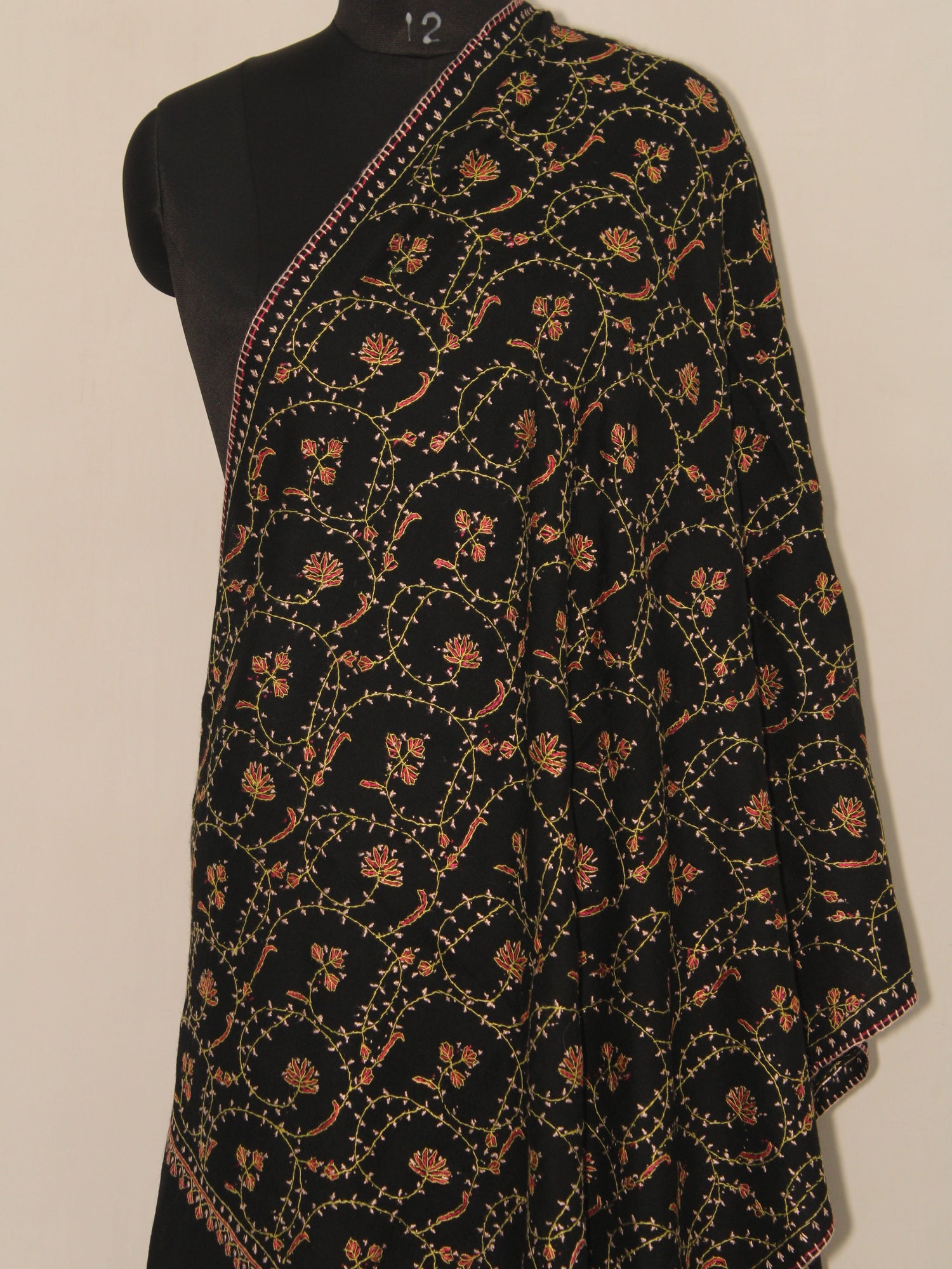 Woolen sozni Embroidered Kashmiri Stole, Handmade Stole, Fine Merino Wool Stole, Premium Scarf, Embroidered Wraps, Black Scarf - BATIN