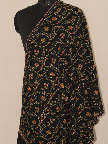 Woolen sozni Embroidered Kashmiri Stole, Handmade Stole, Fine Merino Wool Stole, Premium Scarf, Embroidered Wraps, Black Scarf - BATIN