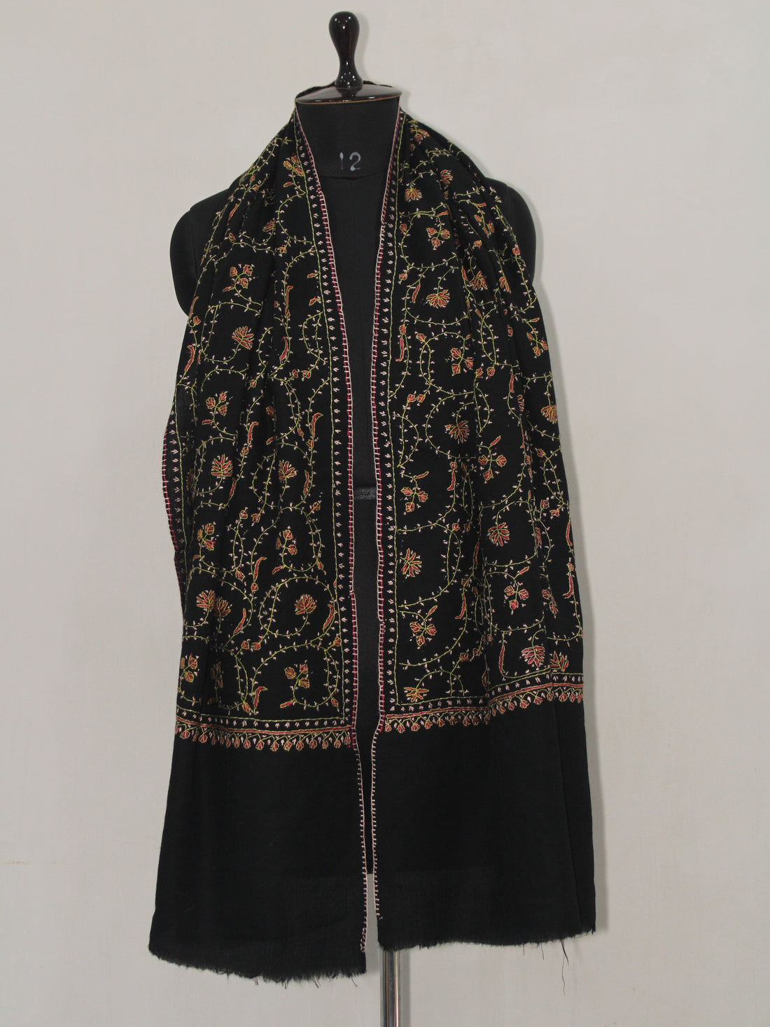 Woolen sozni Embroidered Kashmiri Stole, Handmade Stole, Fine Merino Wool Stole, Premium Scarf, Embroidered Wraps, Black Scarf BATIN