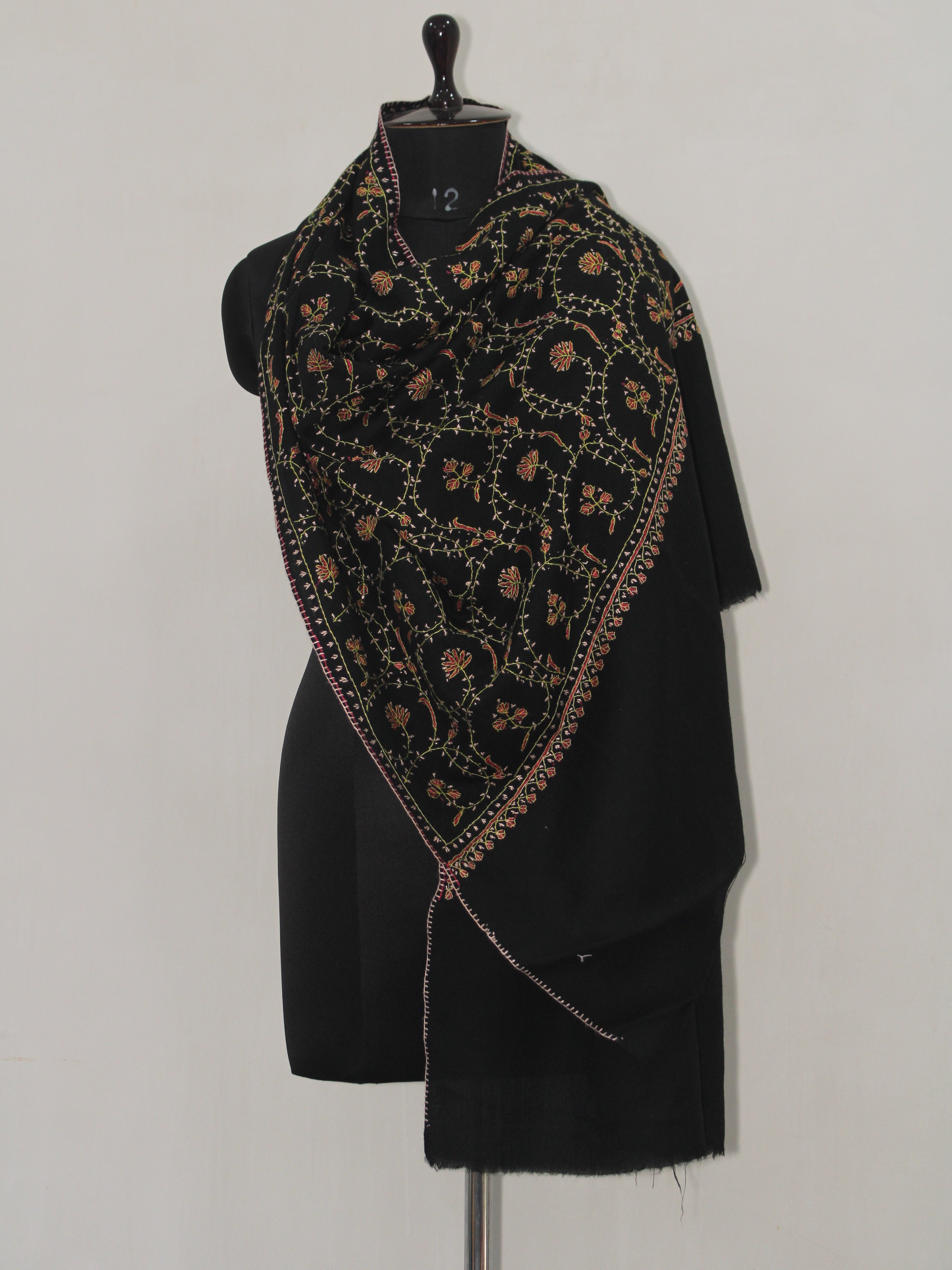 Woolen sozni Embroidered Kashmiri Stole, Handmade Stole, Fine Merino Wool Stole, Premium Scarf, Embroidered Wraps, Black Scarf - BATIN