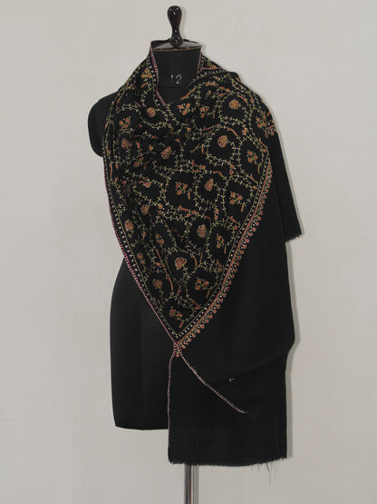 Woolen sozni Embroidered Kashmiri Stole, Handmade Stole, Fine Merino Wool Stole, Premium Scarf, Embroidered Wraps, Black Scarf - BATIN