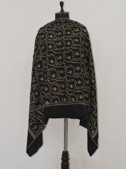 Woolen sozni Embroidered Kashmiri Stole, Handmade Stole, Fine Merino Wool Stole, Premium Scarf, Embroidered Wraps, Black Scarf - BATIN