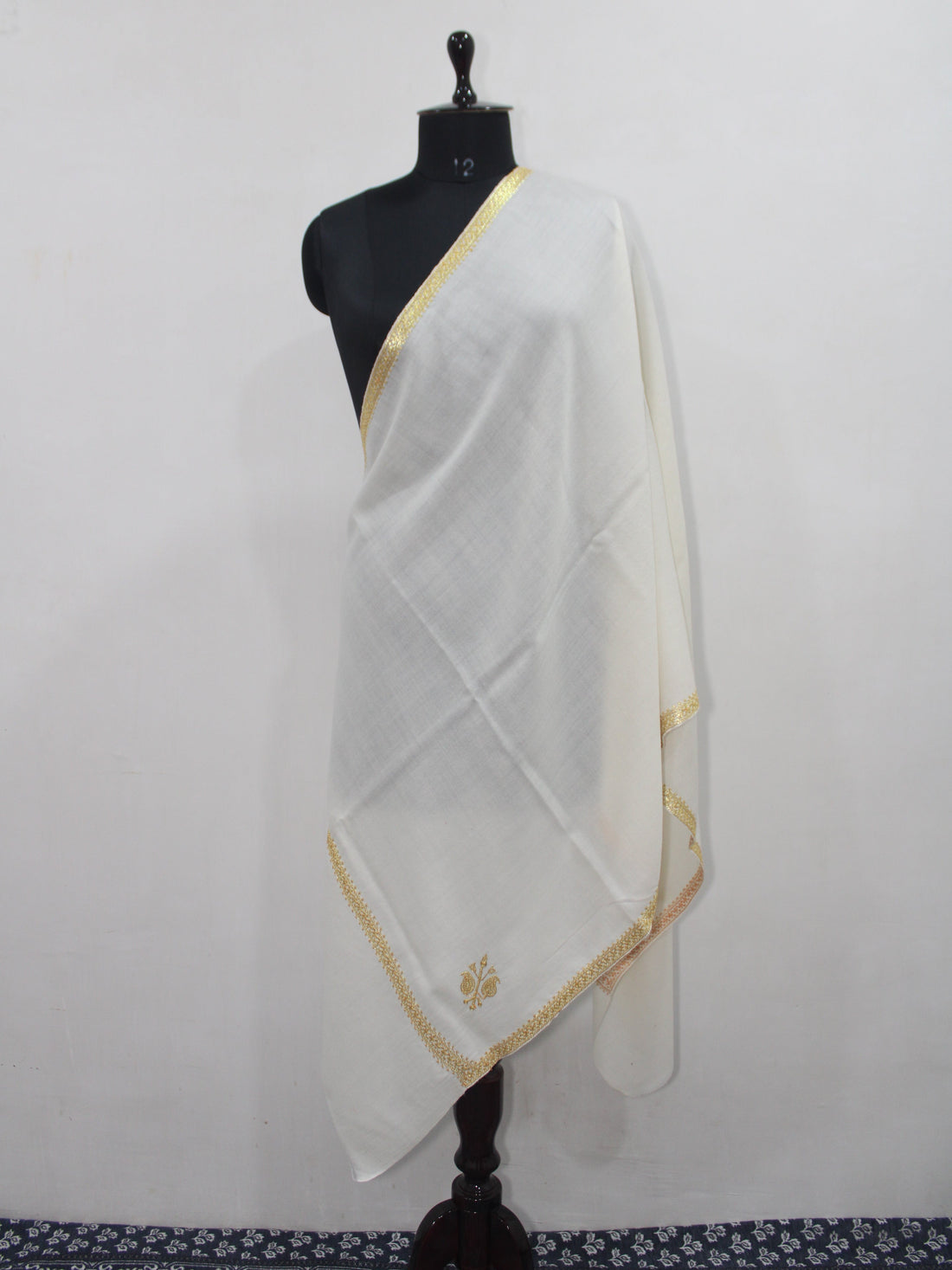 Gold Tilla Hand Embroidered Indian Purewool Stole, Kashmiri Handmade White Scarf BATIN