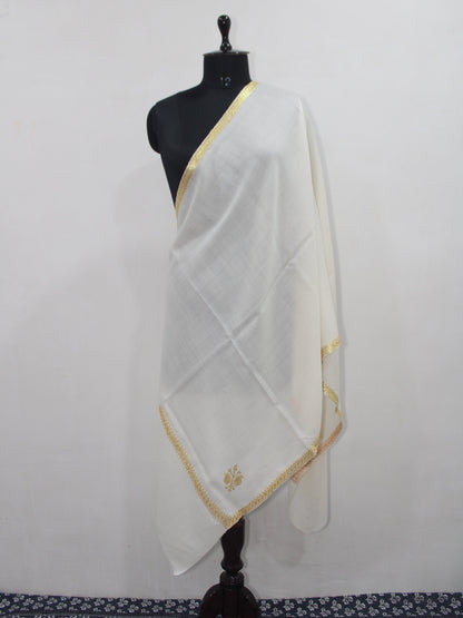 Gold Tilla Hand Embroidered Indian Purewool Stole, Kashmiri Handmade White Scarf - BATIN