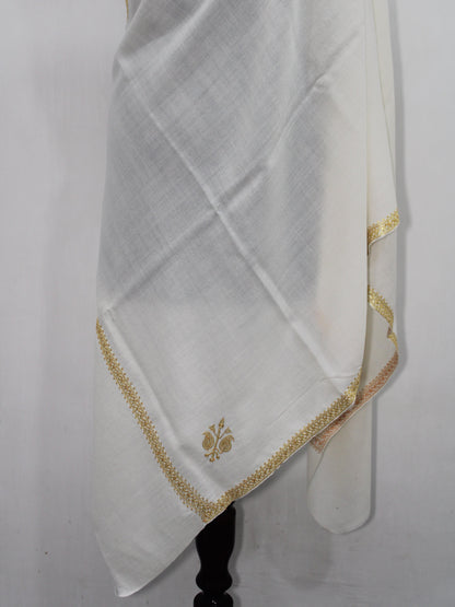 Gold Tilla Hand Embroidered Indian Purewool Stole, Kashmiri Handmade White Scarf - BATIN