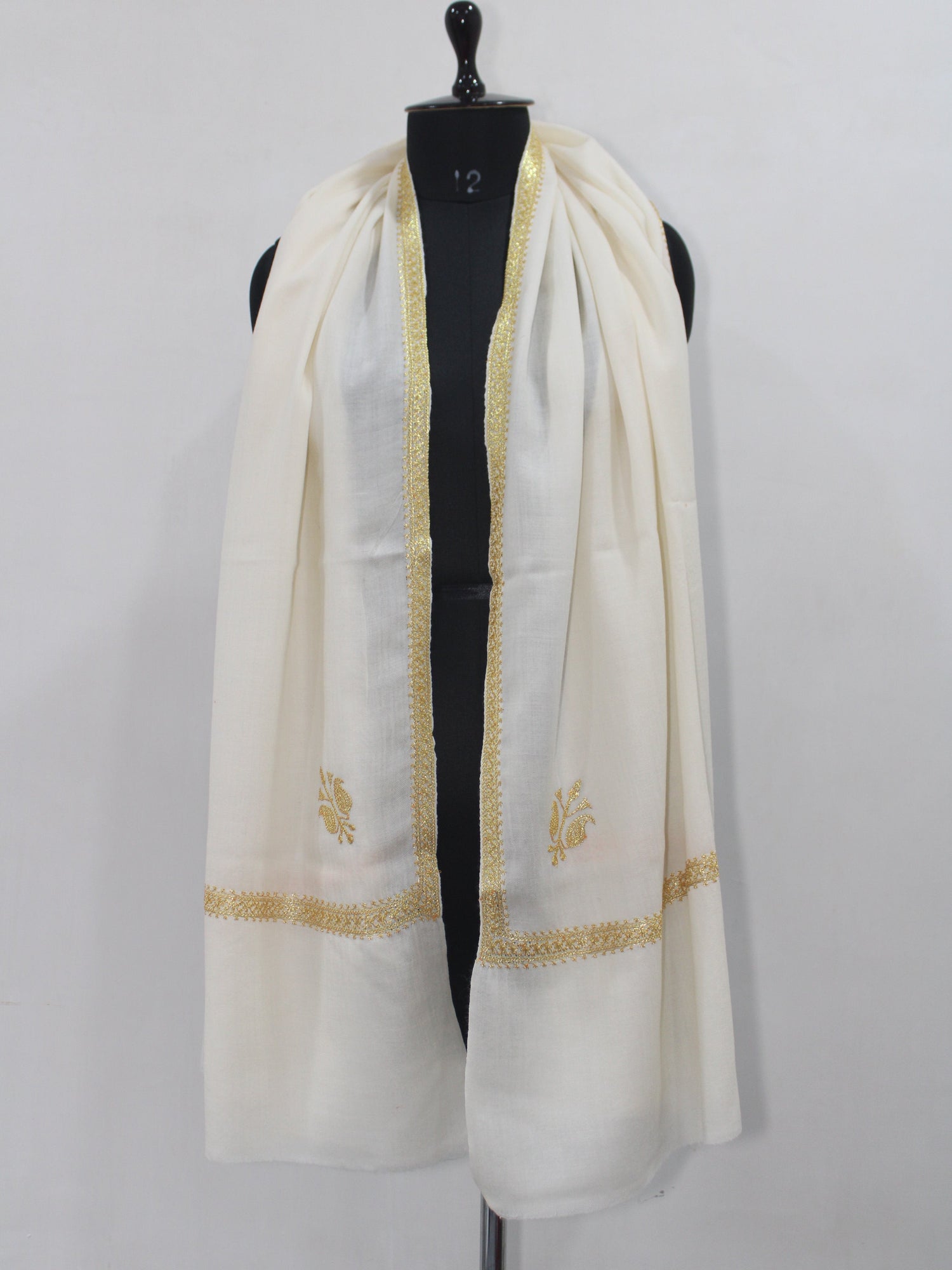 Gold Tilla Hand Embroidered Indian Purewool Stole, Kashmiri Handmade White Scarf - BATIN
