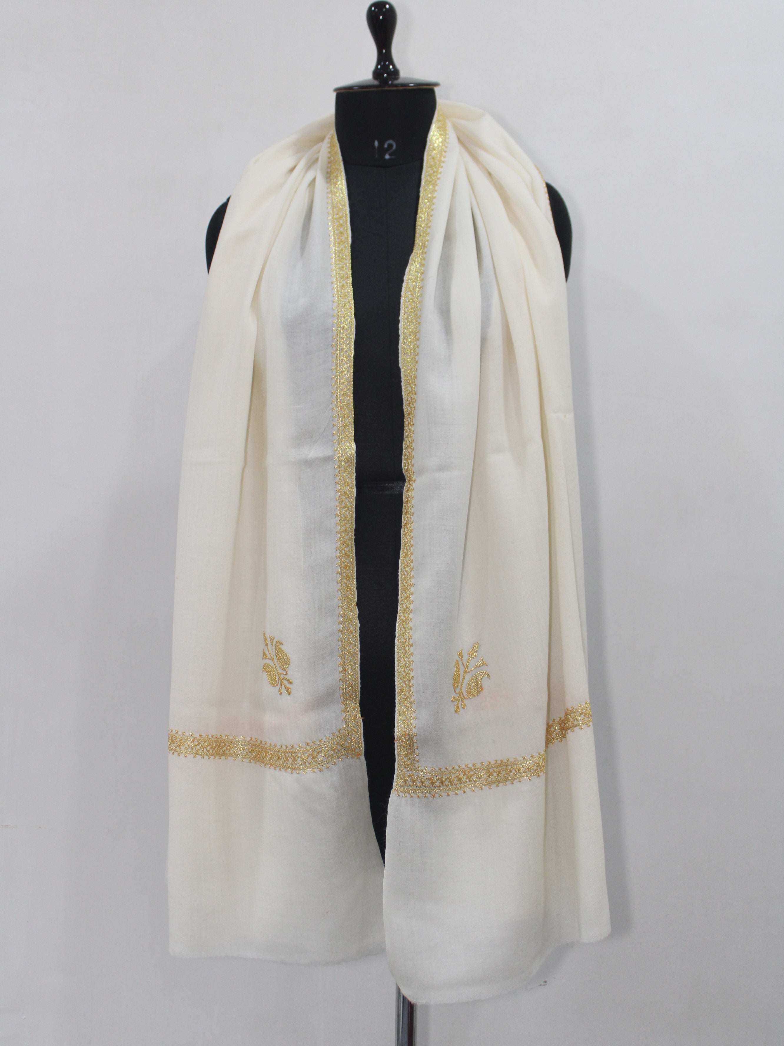 Gold Tilla Hand Embroidered Indian Purewool Stole, Kashmiri Handmade White Scarf - BATIN