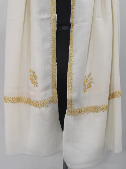 Gold Tilla Hand Embroidered Indian Purewool Stole, Kashmiri Handmade White Scarf - BATIN