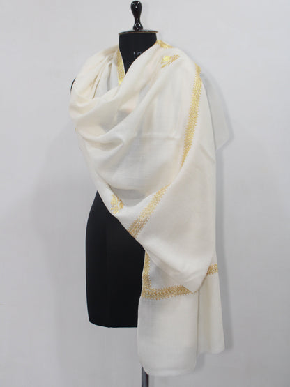 Gold Tilla Hand Embroidered Indian Purewool Stole, Kashmiri Handmade White Scarf - BATIN