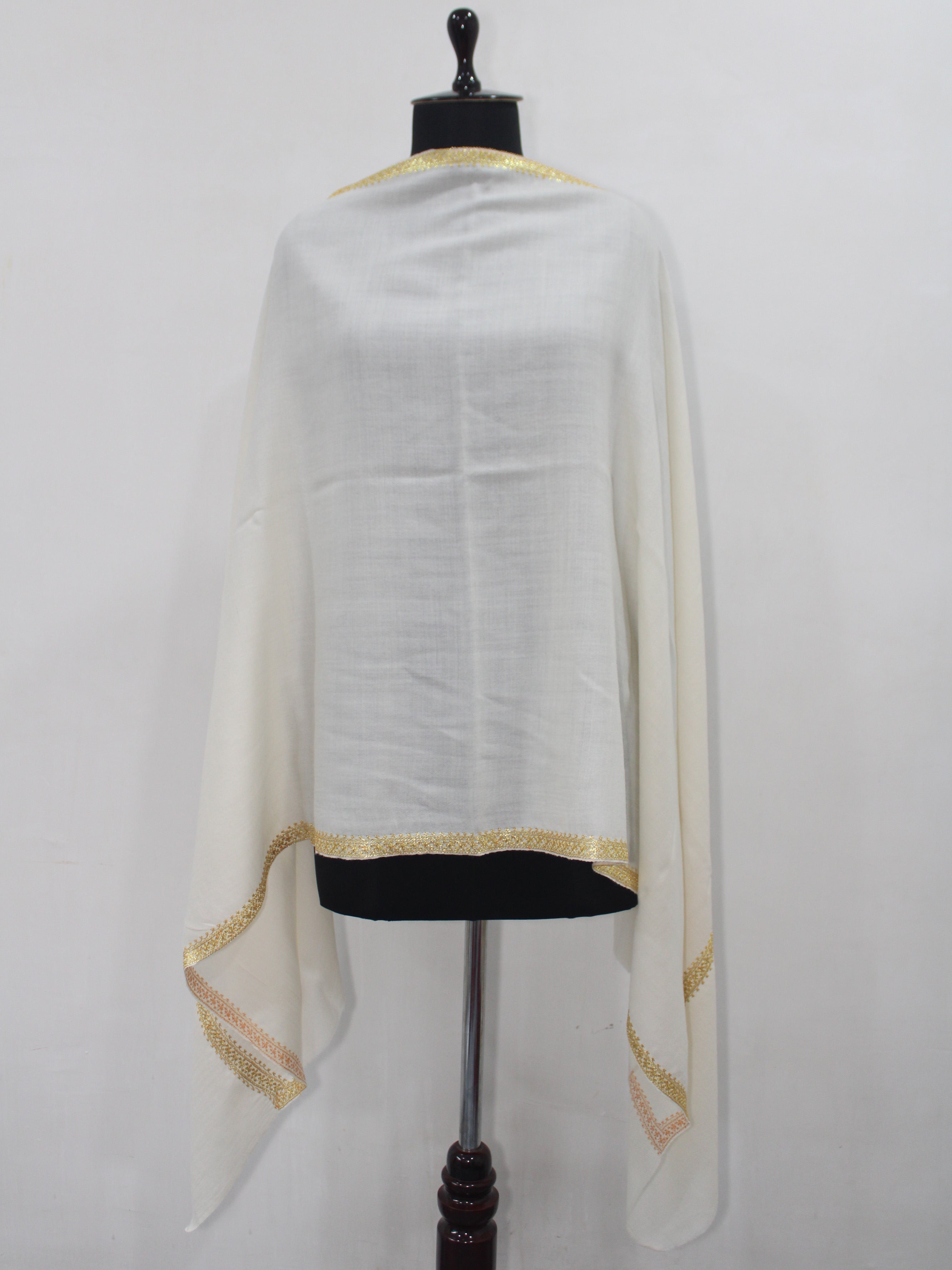 Gold Tilla Hand Embroidered Indian Purewool Stole, Kashmiri Handmade White Scarf - BATIN