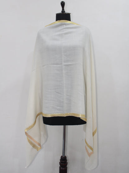 Gold Tilla Hand Embroidered Indian Purewool Stole, Kashmiri Handmade White Scarf - BATIN