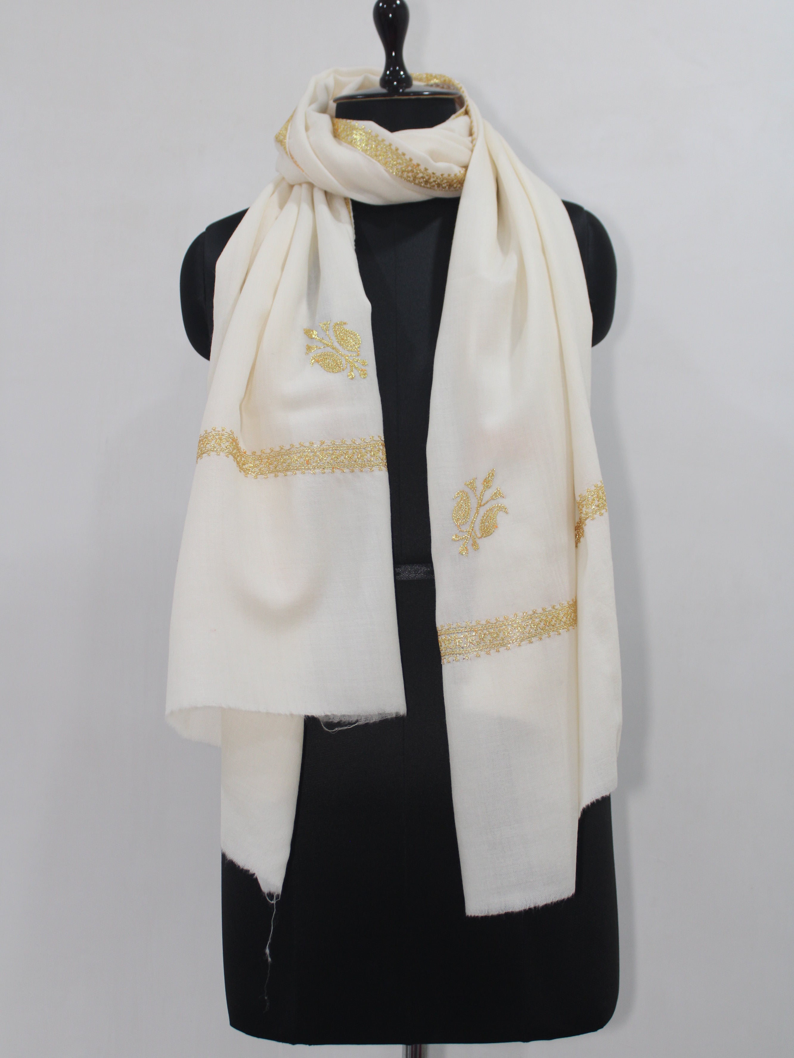 Gold Tilla Hand Embroidered Indian Purewool Stole, Kashmiri Handmade White Scarf - BATIN