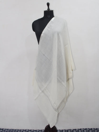 Silver Tilla Hand Embroidered Indian Purewool Stole, Kashmiri Handmade White Scarf - BATIN