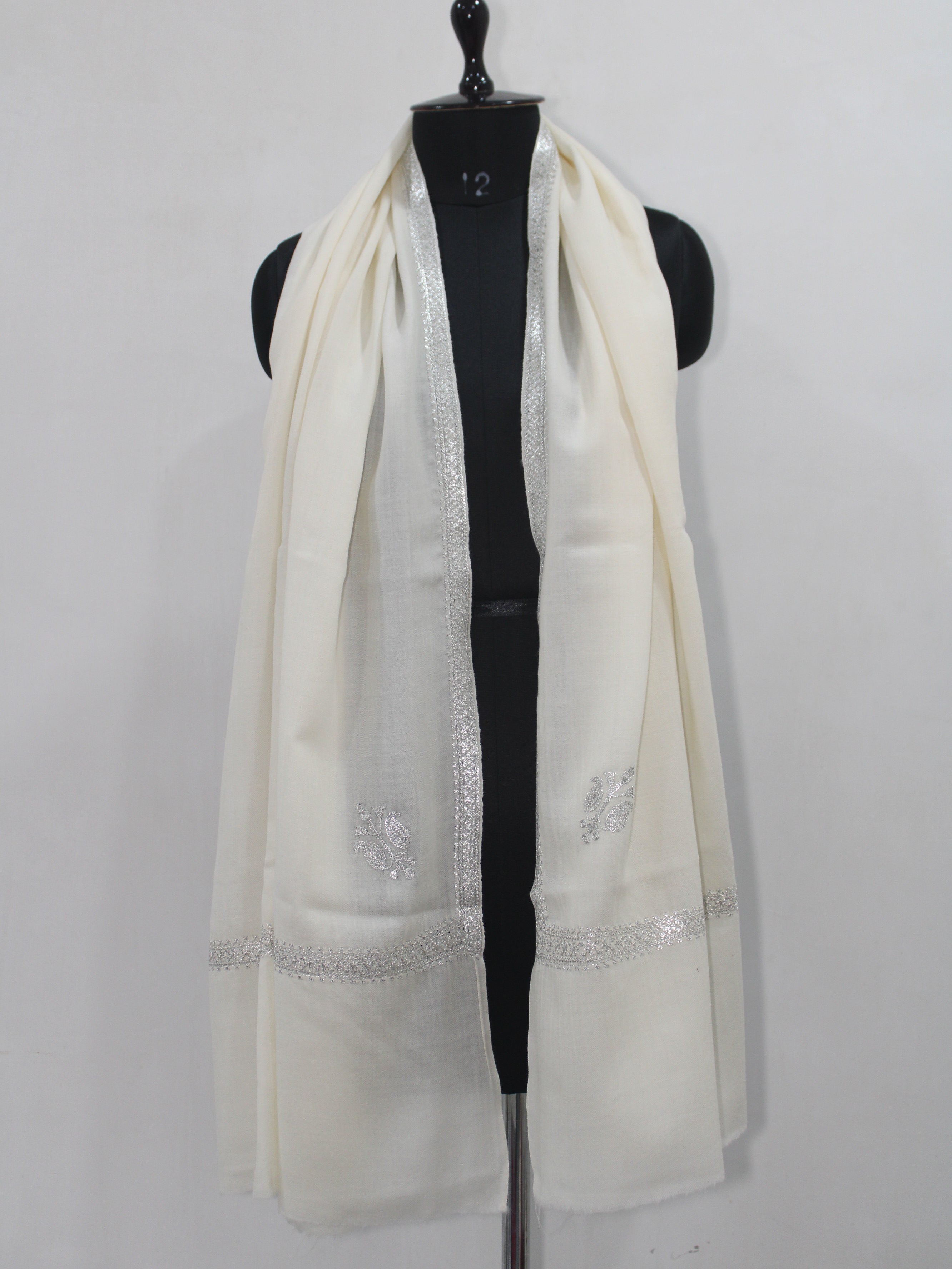 Silver Tilla Hand Embroidered Indian Purewool Stole, Kashmiri Handmade White Scarf - BATIN