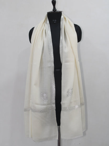 Silver Tilla Hand Embroidered Indian Purewool Stole, Kashmiri Handmade White Scarf - BATIN