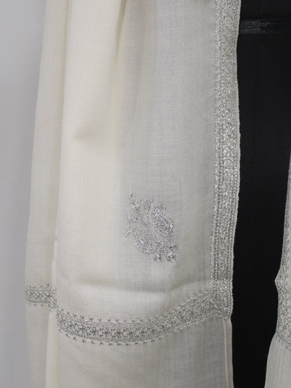 Silver Tilla Hand Embroidered Indian Purewool Stole, Kashmiri Handmade White Scarf - BATIN