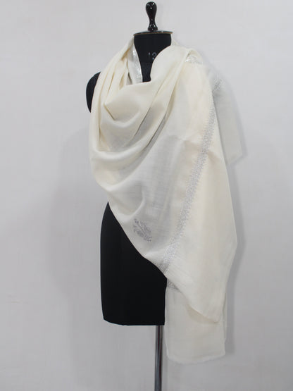 Silver Tilla Hand Embroidered Indian Purewool Stole, Kashmiri Handmade White Scarf - BATIN