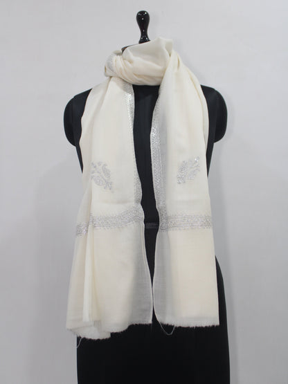 Silver Tilla Hand Embroidered Indian Purewool Stole, Kashmiri Handmade White Scarf - BATIN