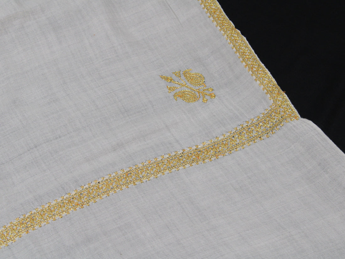 Gold Tilla Hand Embroidered Indian Purewool Stole, Kashmiri Handmade White Scarf BATIN