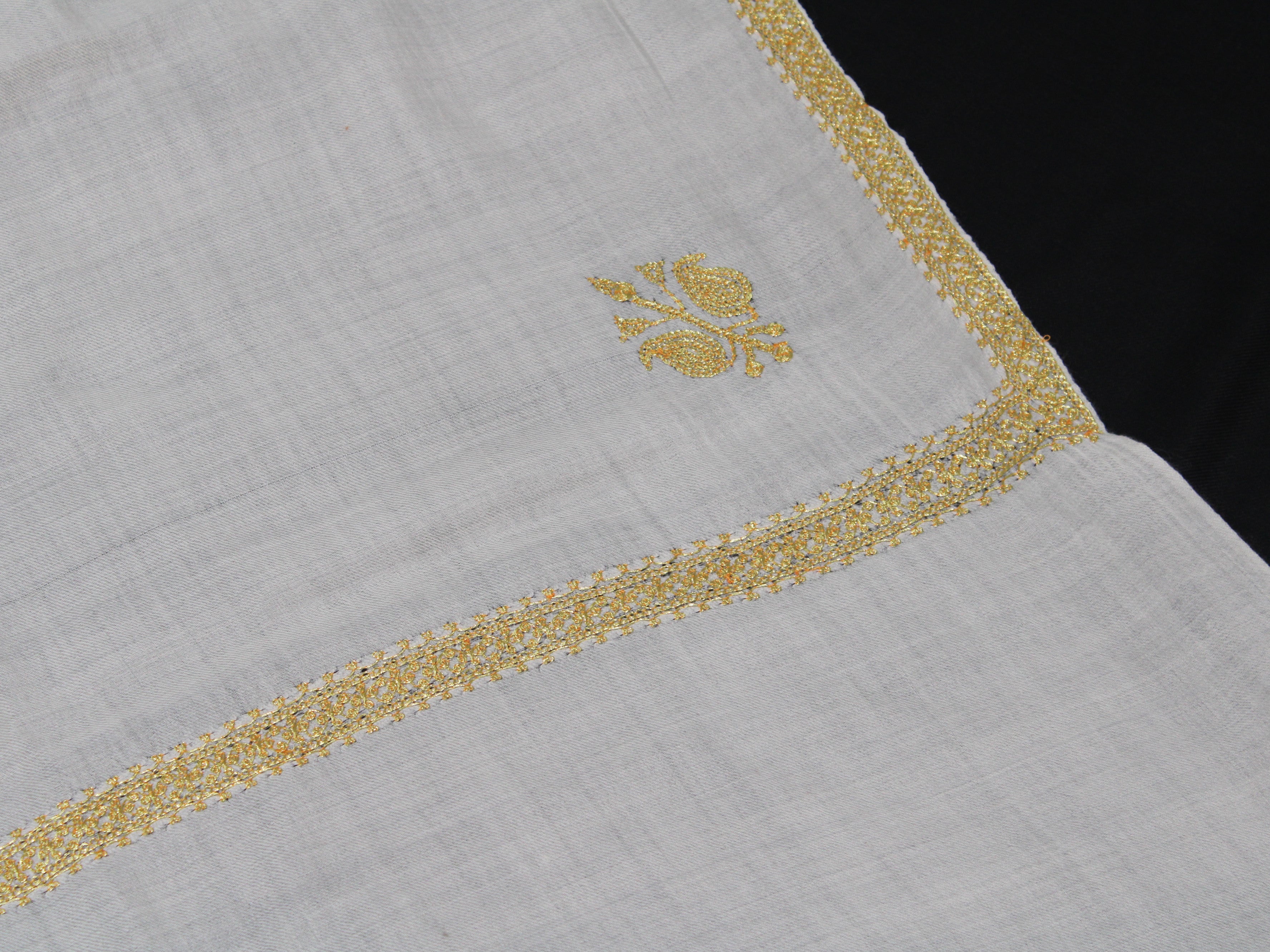 Gold Tilla Hand Embroidered Indian Purewool Stole, Kashmiri Handmade White Scarf - BATIN