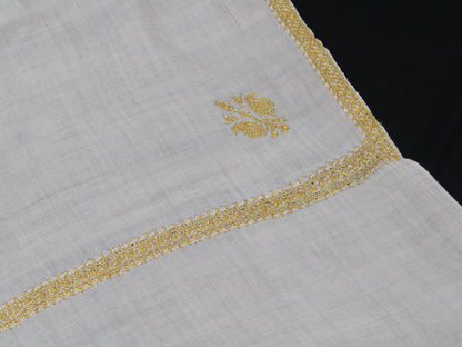 Gold Tilla Hand Embroidered Indian Purewool Stole, Kashmiri Handmade White Scarf - BATIN