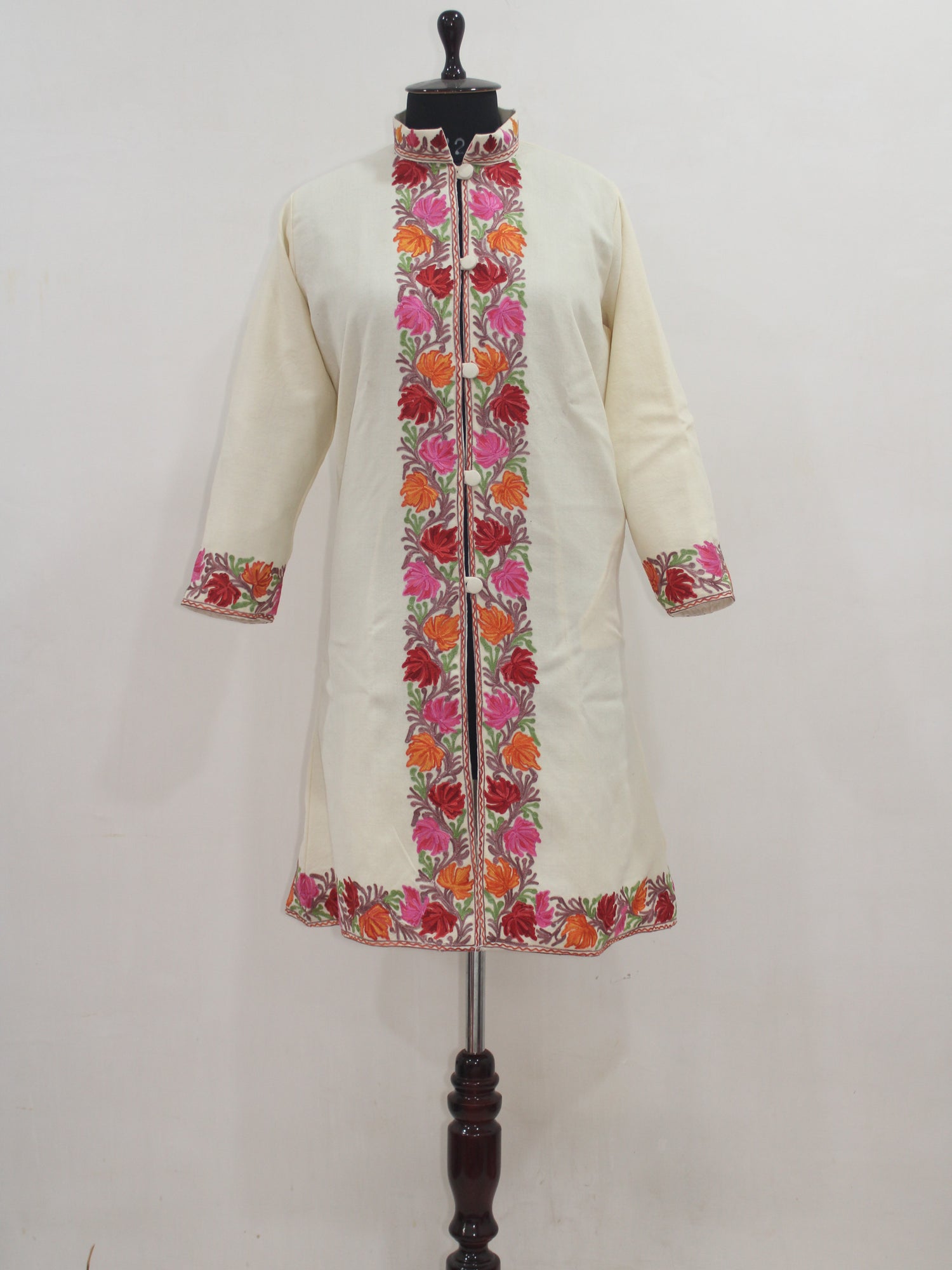 Kashmiri Aari Embroidered Long woollen Jacket, Winter Coat For Women, Floral Indian Jacket Warm Cashmere Jacket