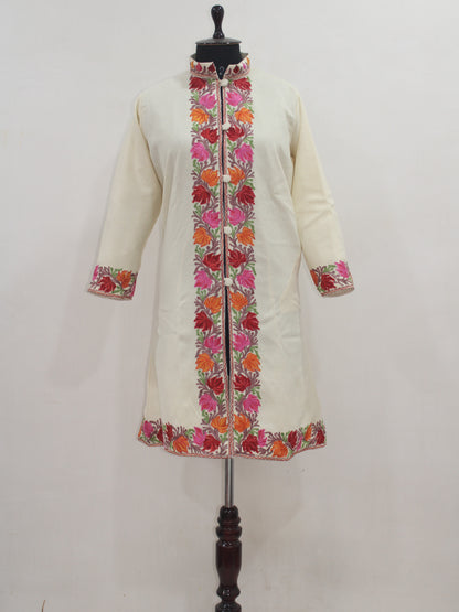 Kashmiri Aari Embroidered Long woollen Jacket, Winter Coat For Women, Floral Indian Jacket Warm Cashmere Jacket