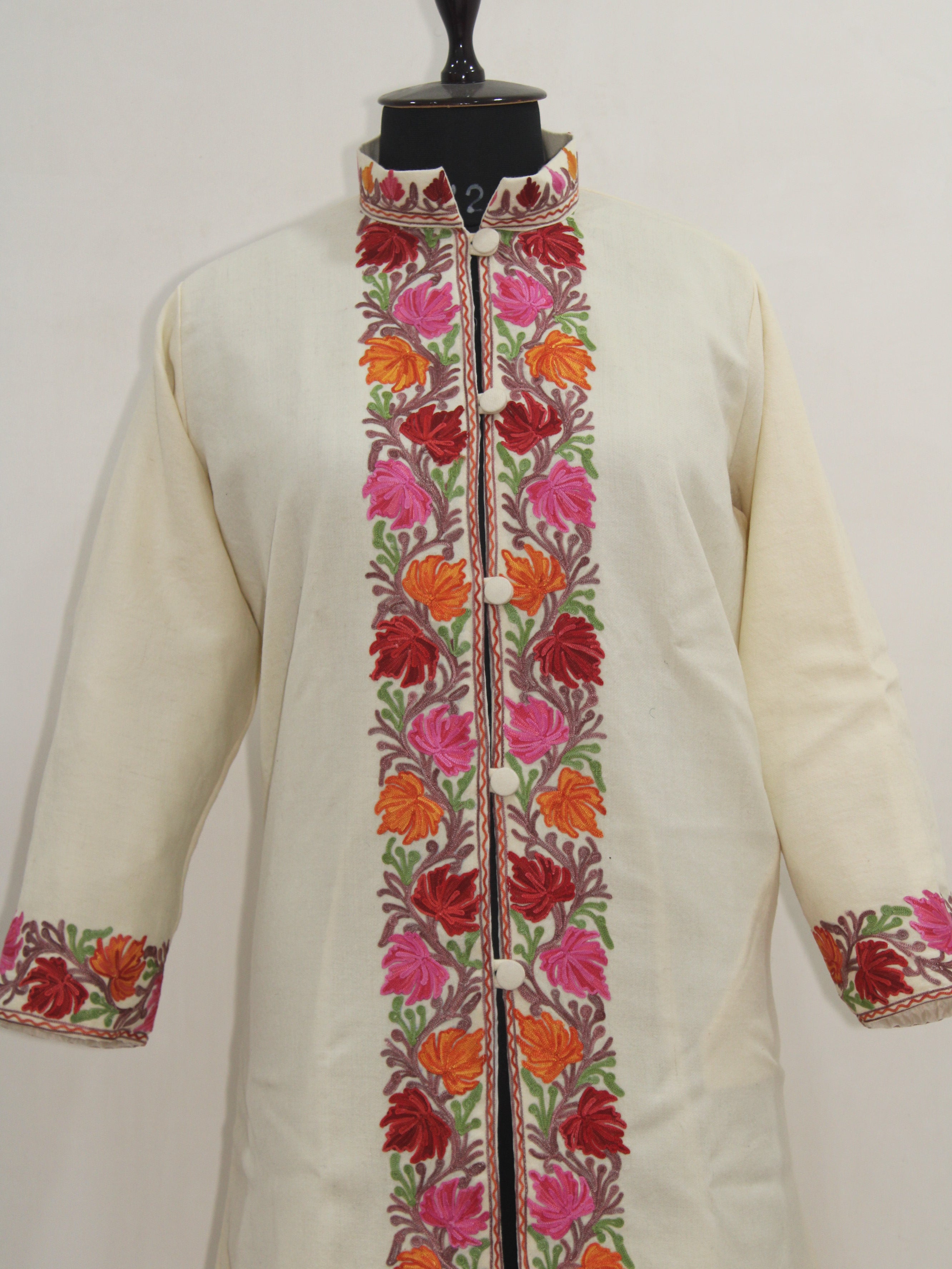 Kashmiri Aari Embroidered Long woollen Jacket, Winter Coat For Women, Floral Indian Jacket Warm Cashmere Jacket