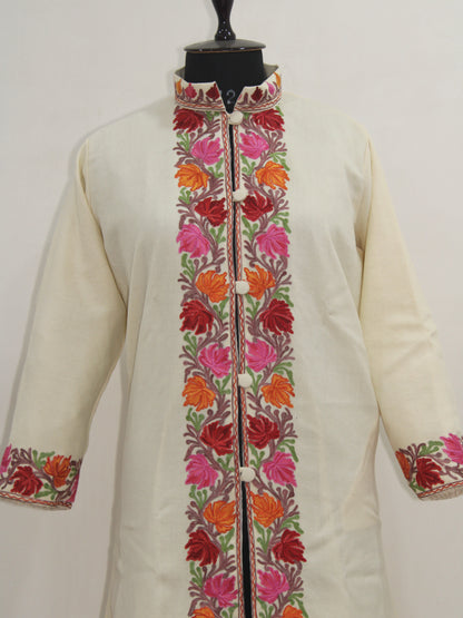 Kashmiri Aari Embroidered Long woollen Jacket, Winter Coat For Women, Floral Indian Jacket Warm Cashmere Jacket