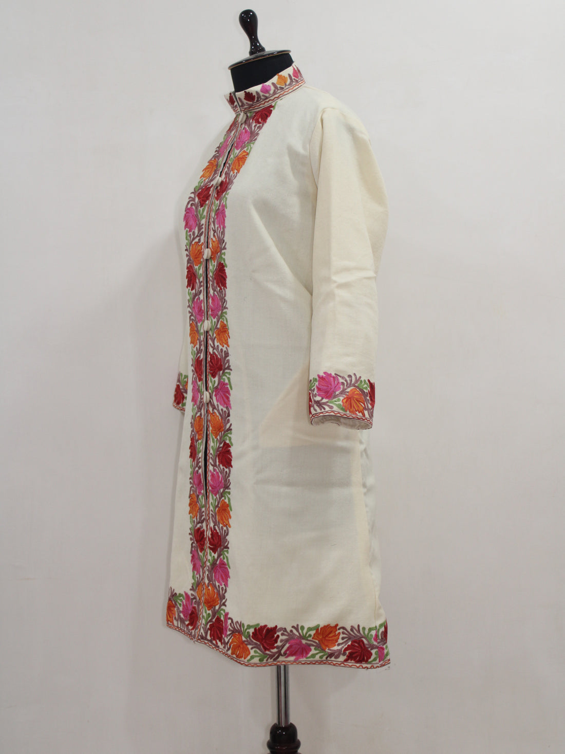 Kashmiri Aari Embroidered Long woollen Jacket, Winter Coat For Women, Floral Indian Jacket Warm Cashmere Jacket