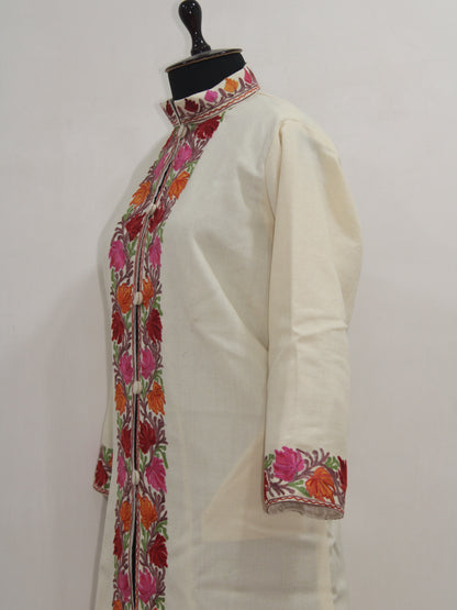 Kashmiri Aari Embroidered Long woollen Jacket, Winter Coat For Women, Floral Indian Jacket Warm Cashmere Jacket