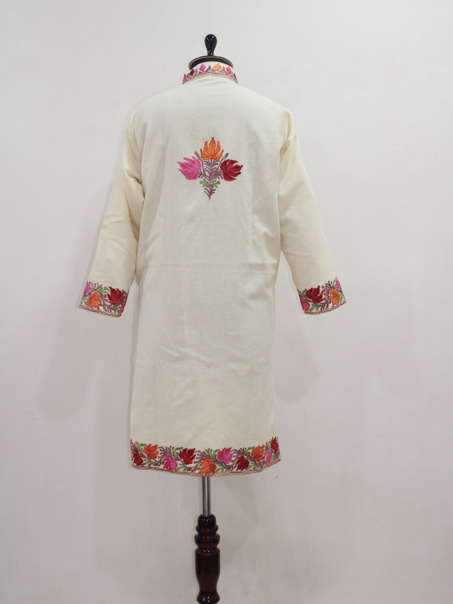 Kashmiri Aari Embroidered Long woollen Jacket, Winter Coat For Women, Floral Indian Jacket Warm Cashmere Jacket