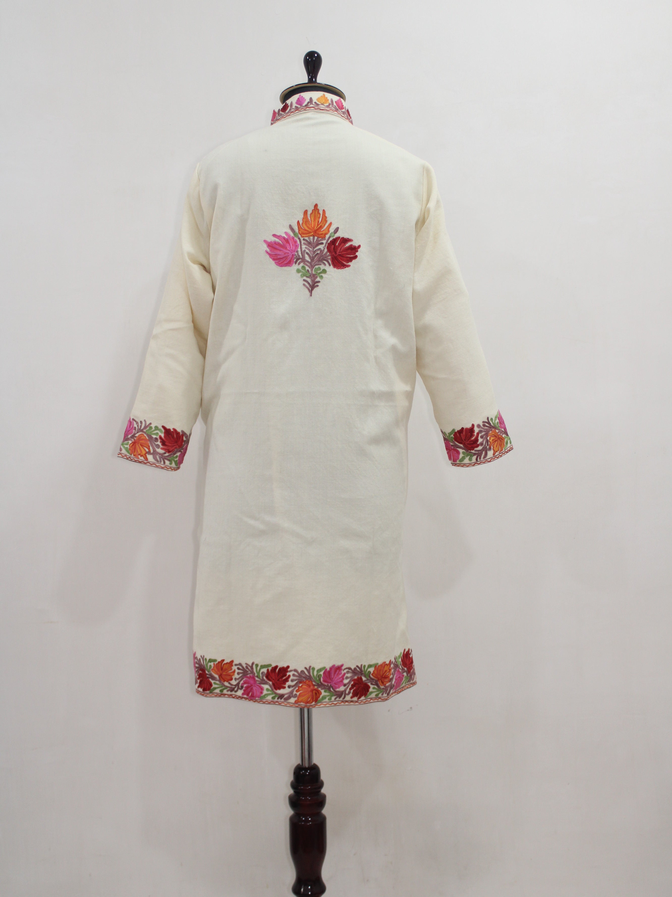 Kashmiri Aari Embroidered Long woollen Jacket, Winter Coat For Women, Floral Indian Jacket Warm Cashmere Jacket