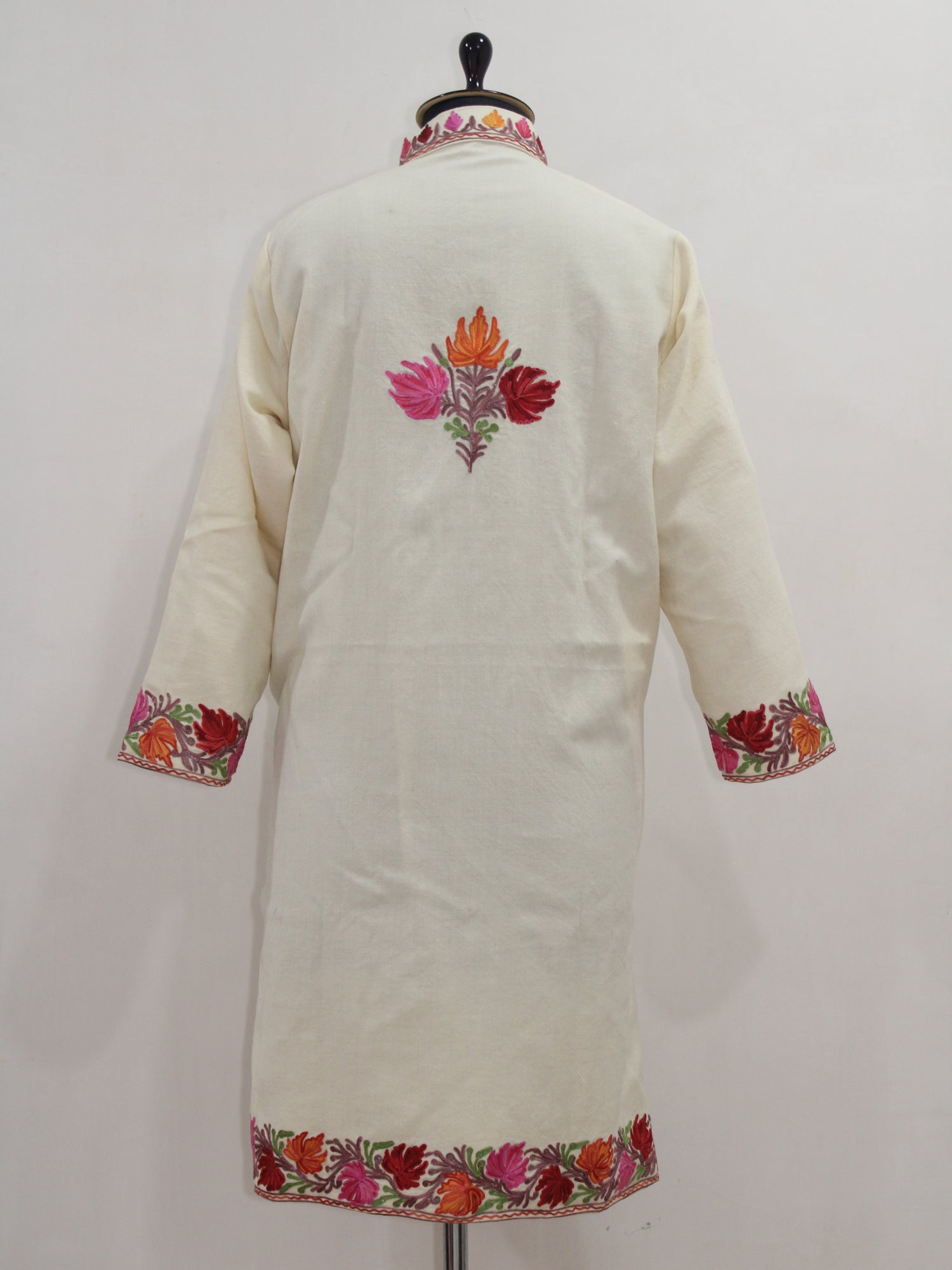 Kashmiri Aari Embroidered Long woollen Jacket, Winter Coat For Women, Floral Indian Jacket Warm Cashmere Jacket