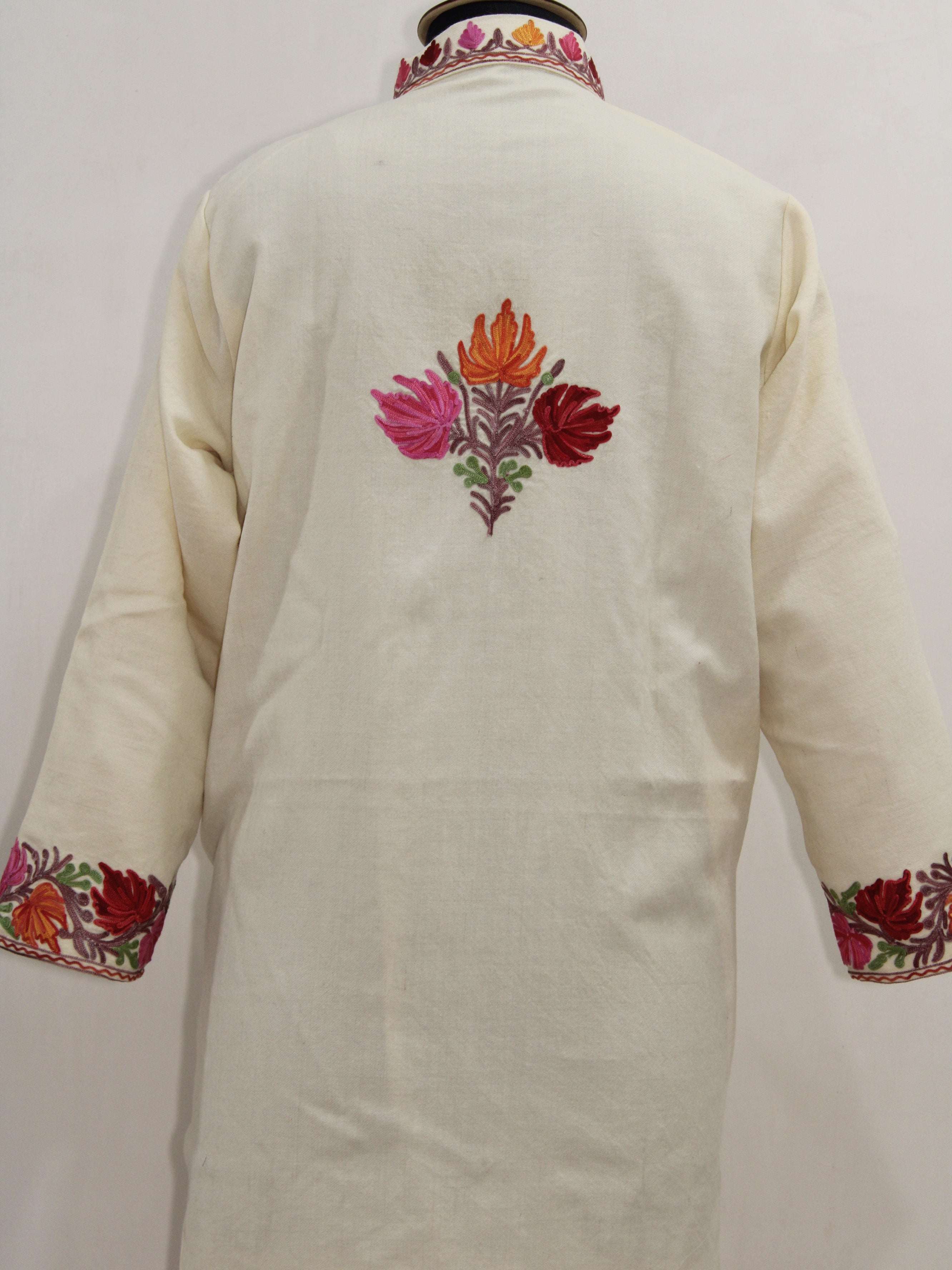 Kashmiri Aari Embroidered Long woollen Jacket, Winter Coat For Women, Floral Indian Jacket Warm Cashmere Jacket