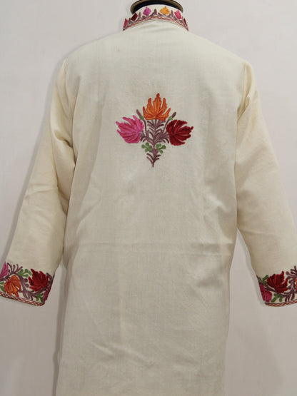 Kashmiri Aari Embroidered Long woollen Jacket, Winter Coat For Women, Floral Indian Jacket Warm Cashmere Jacket