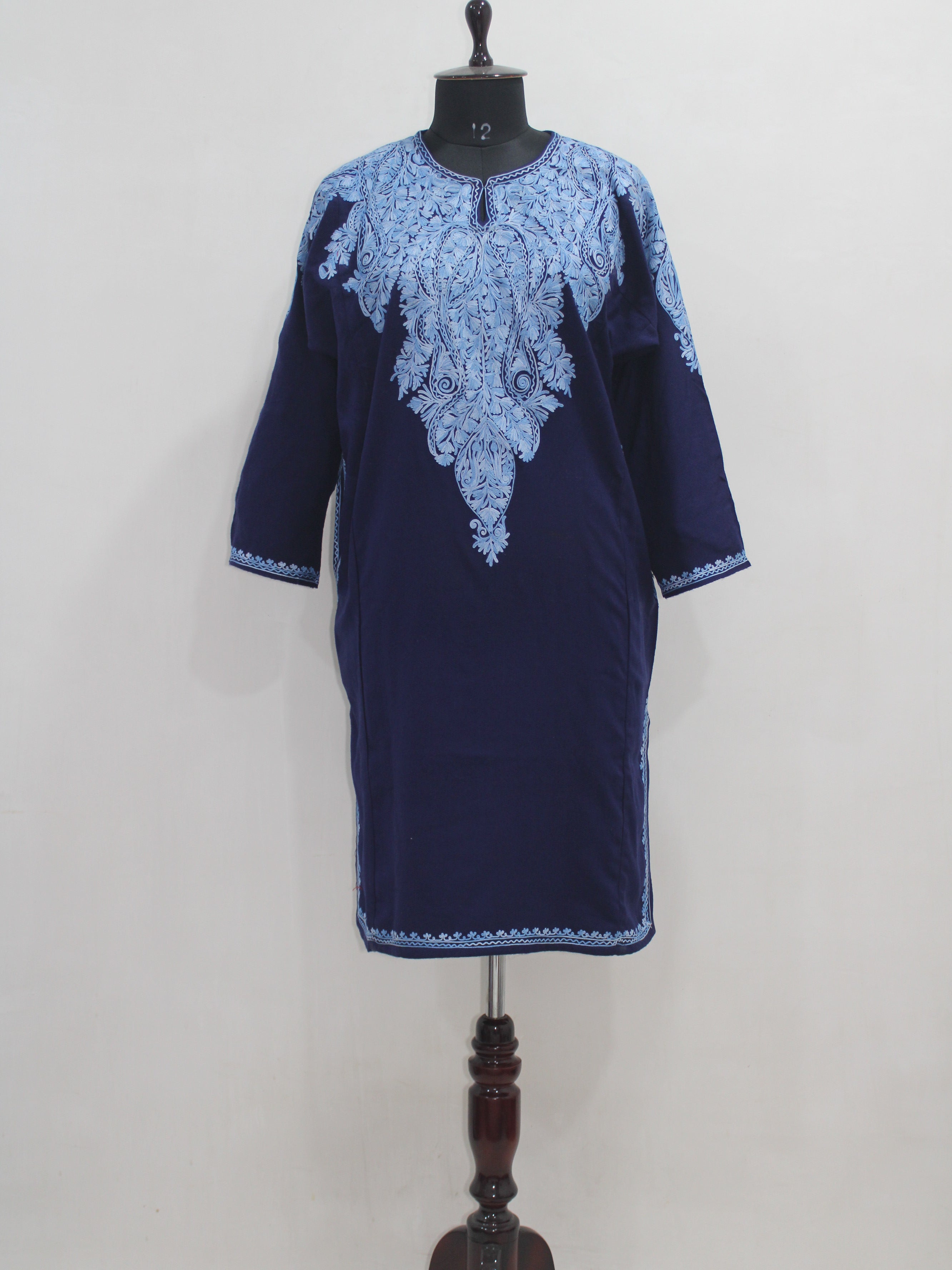Kashmiri Aari Embroidered Woolen Pheran, Loose Fit Kurta for Women, Paisley Front Back Design