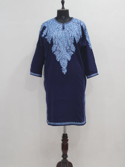 Kashmiri Aari Embroidered Woolen Pheran, Loose Fit Kurta for Women, Paisley Front Back Design