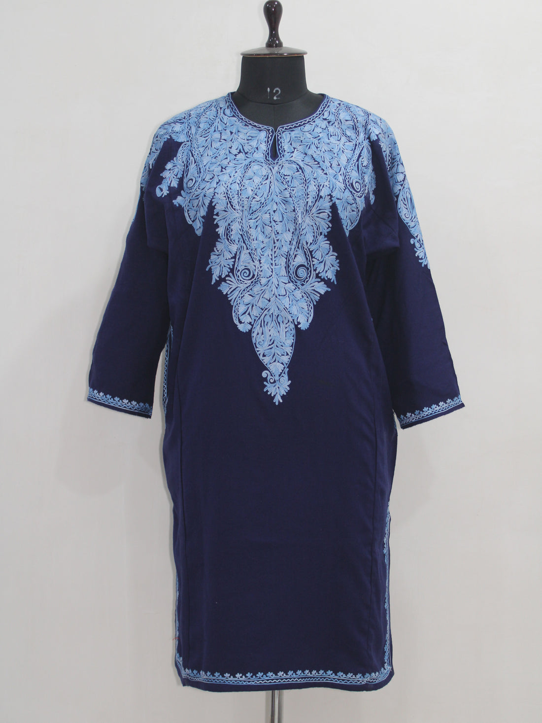 Kashmiri Aari Embroidered Woolen Pheran, Loose Fit Kurta for Women, Paisley Front Back Design