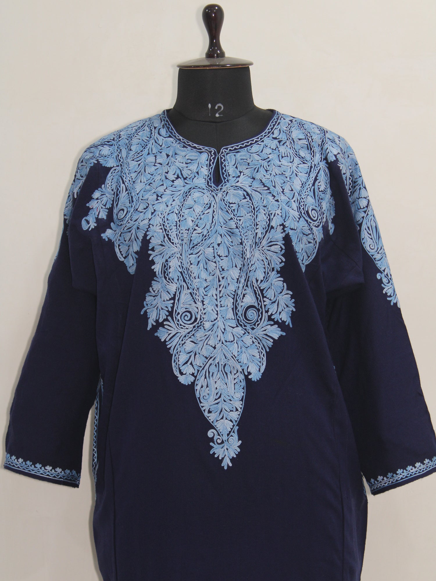Kashmiri Aari Embroidered Woolen Pheran, Loose Fit Kurta for Women, Paisley Front Back Design