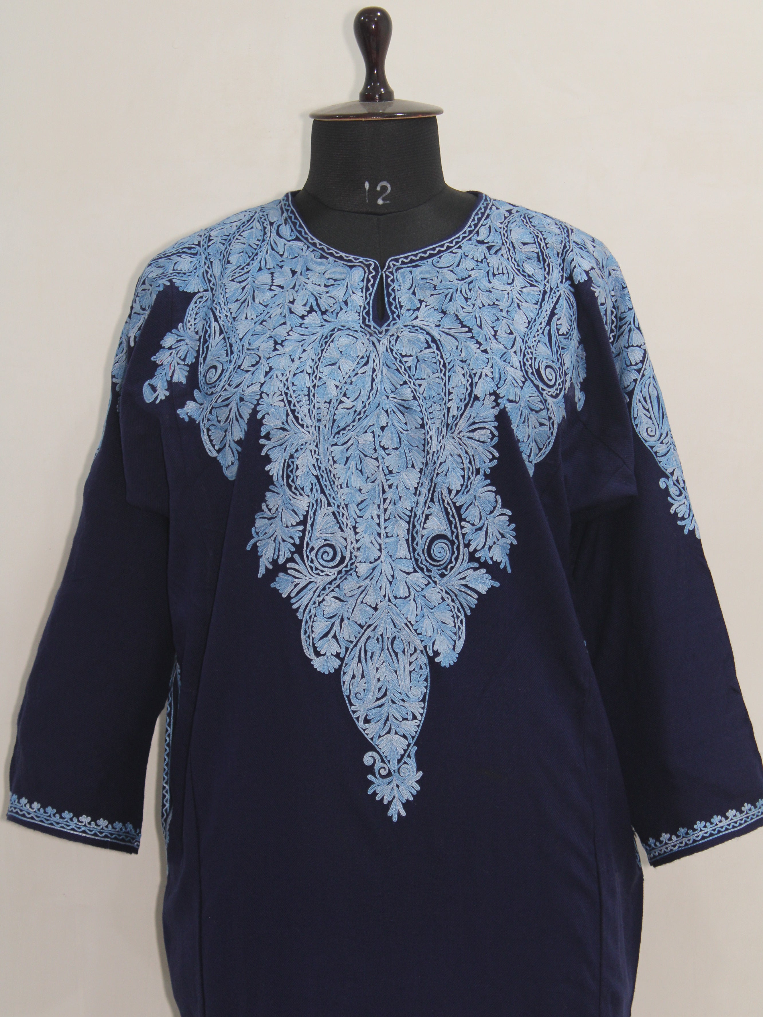 Kashmiri Aari Embroidered Woolen Pheran, Loose Fit Kurta for Women, Paisley Front Back Design