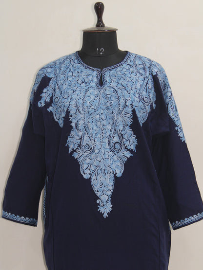 Kashmiri Aari Embroidered Woolen Pheran, Loose Fit Kurta for Women, Paisley Front Back Design