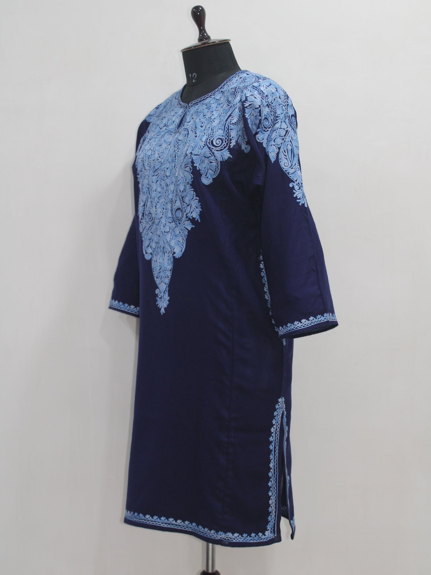 Kashmiri Aari Embroidered Woolen Pheran, Loose Fit Kurta for Women, Paisley Front Back Design