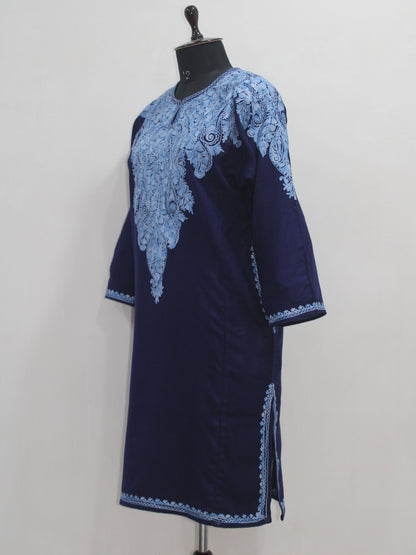 Kashmiri Aari Embroidered Woolen Pheran, Loose Fit Kurta for Women, Paisley Front Back Design